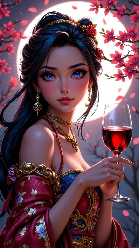 Elegant Asian Woman in Floral Kimono Under Moon