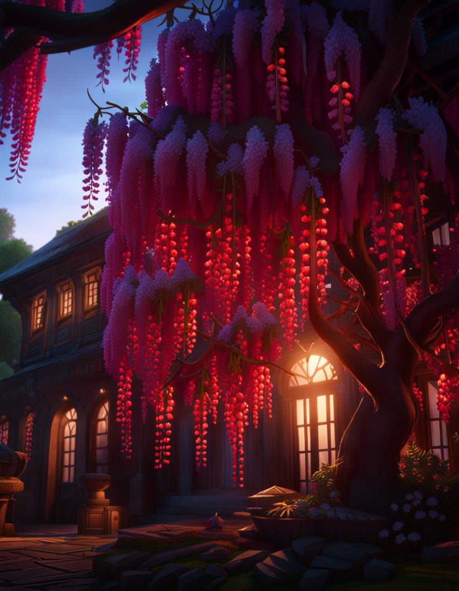 Detailed Red Wisteria Tree in Evening Light