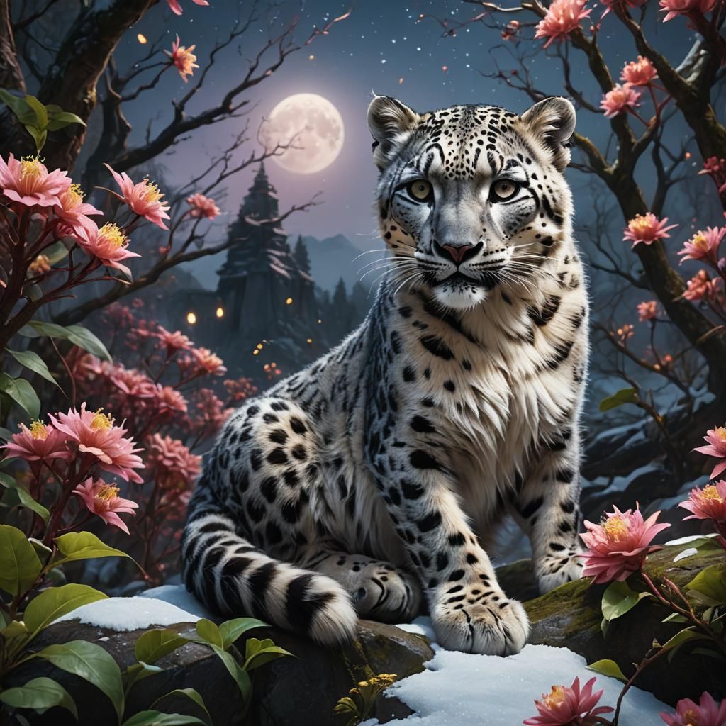 Sleeping Snow Leopard in Moonlight: Fantasy Concept Art