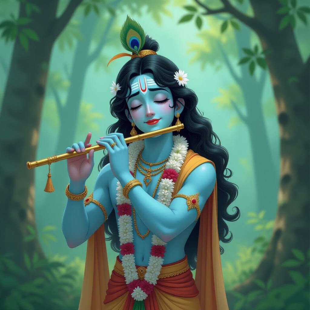 Krishna Playing Flute in Forest, Ghibli-Inspired Realism