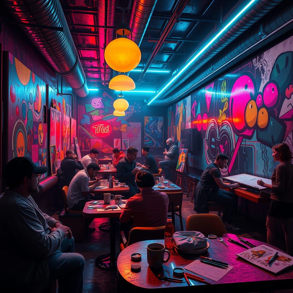 Surreal Night Café Scene with Vibrant Neon Lights