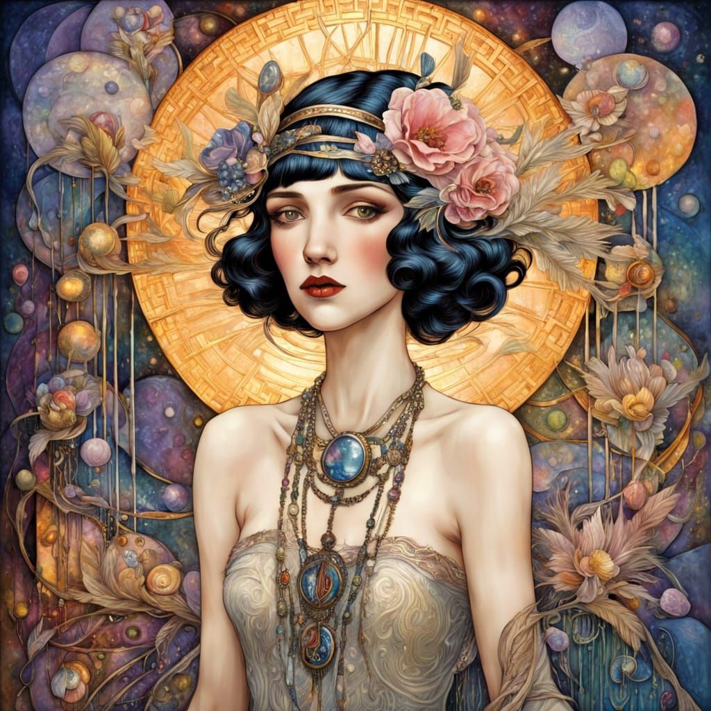 Glamorous Flapper in Surreal Art Nouveau Style