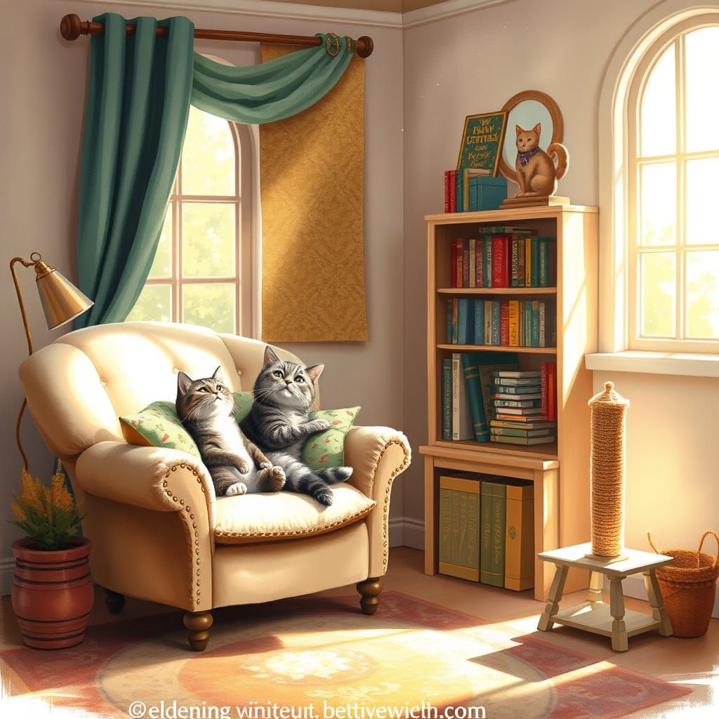 Cozy Feline Library with Soft Brushstrokes