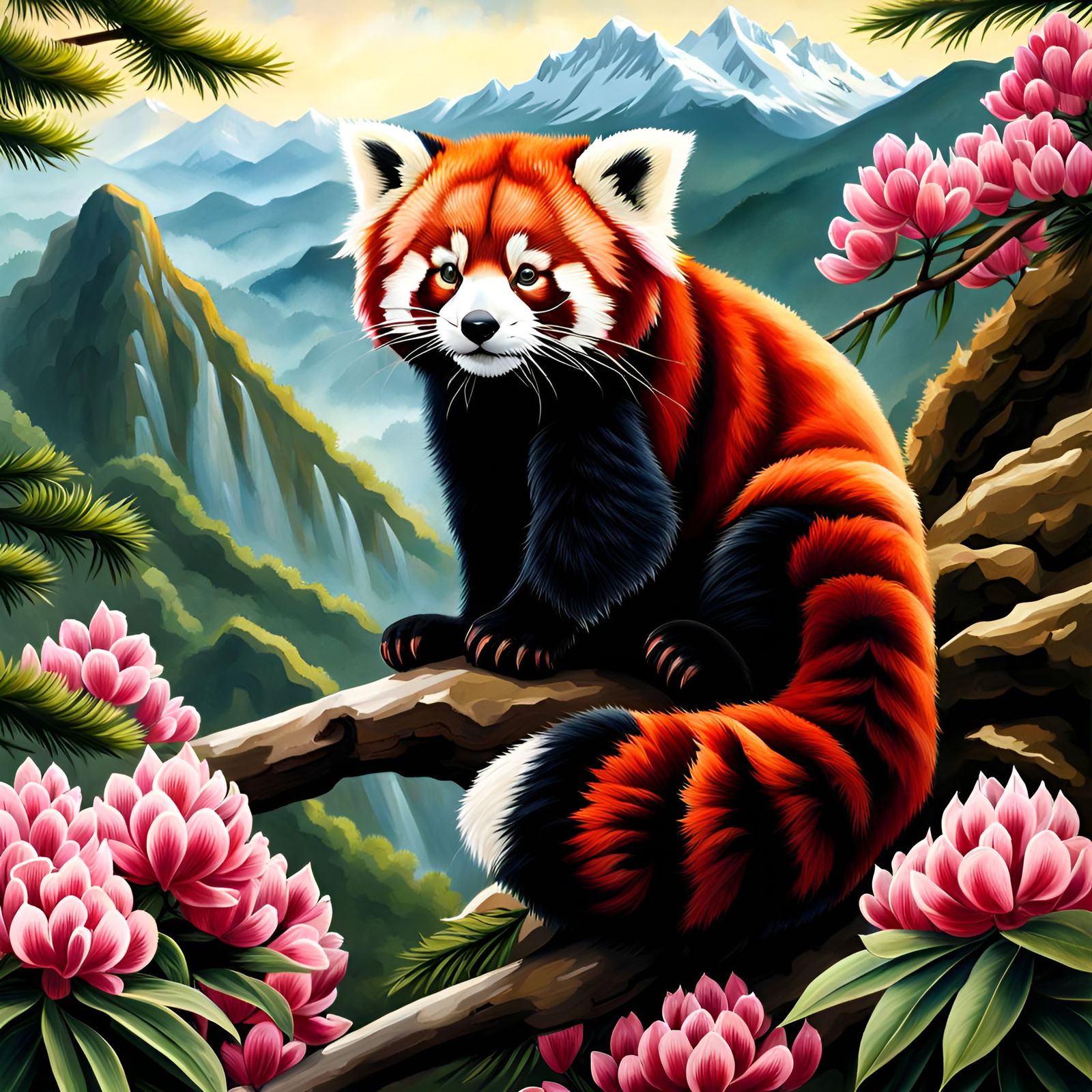 Red Panda in Mountain Landscape: 19th Century Oil Painting