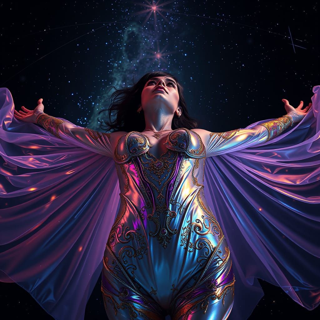 Cosmic Woman Reaching Upwards in Hyper-Realistic Style