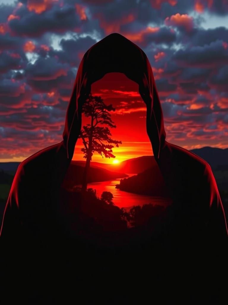 Hooded Figure Sunset Silhouette in Ethereal Glow