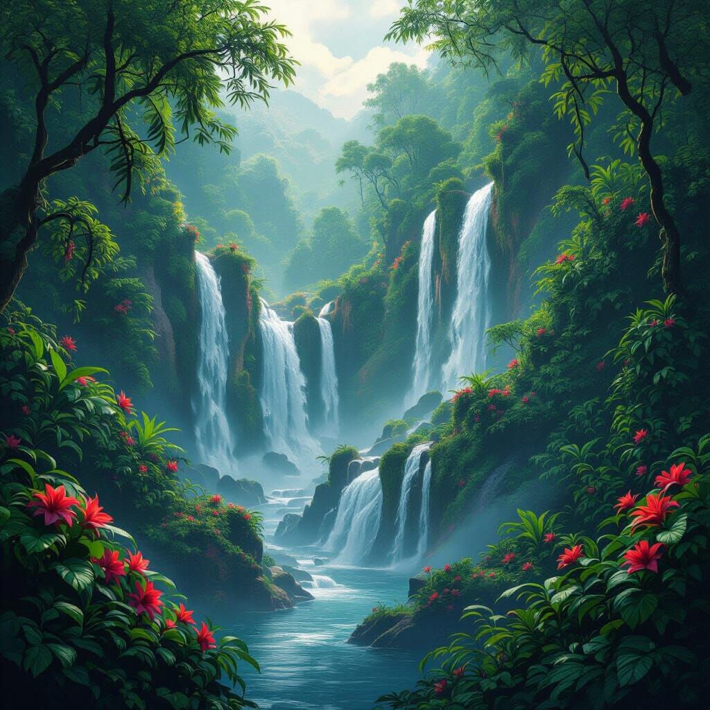 Lush Rainforest Waterfalls in Atmospheric Matte Painting Sty...