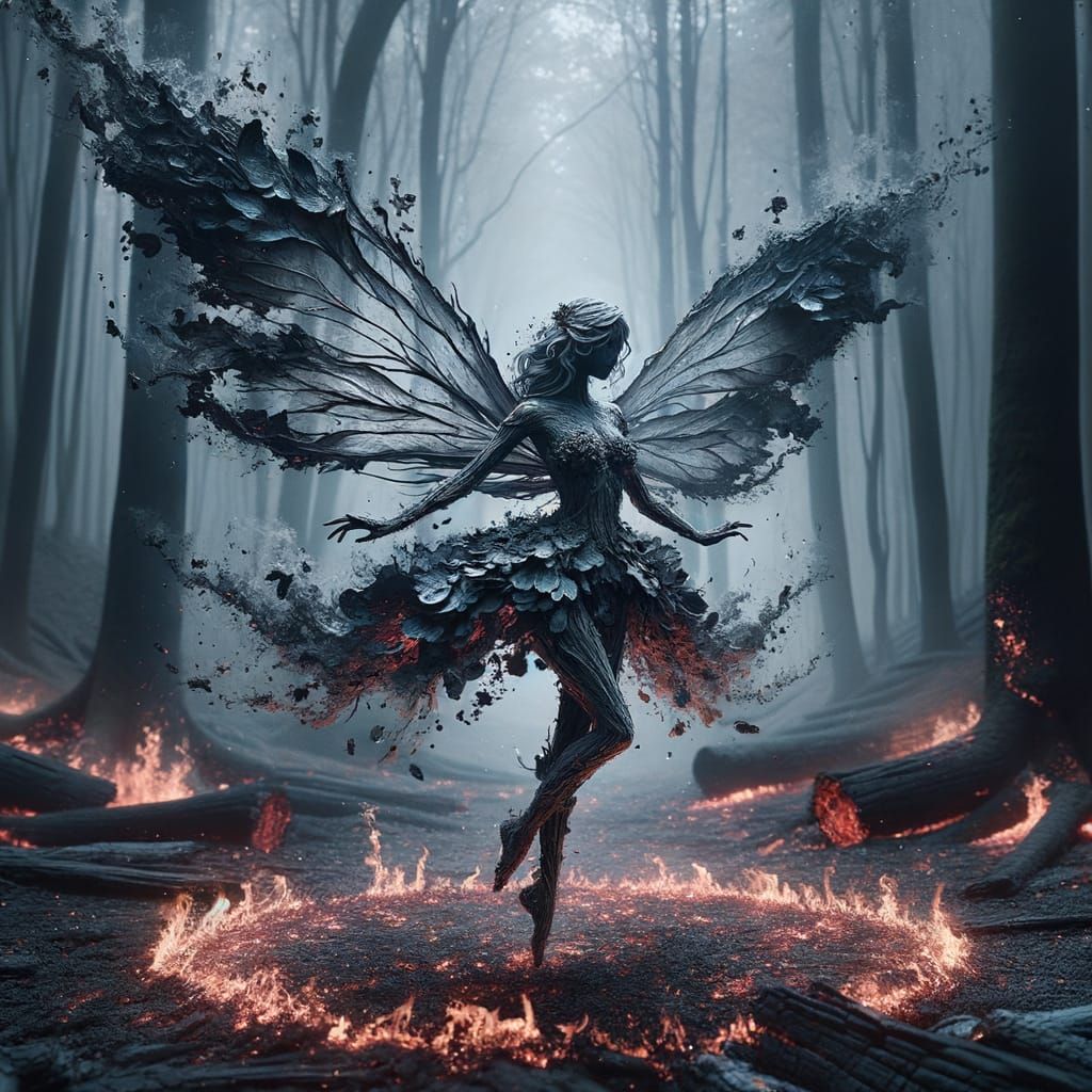 Ethereal Ash Fairy Dancing in Charred Forest