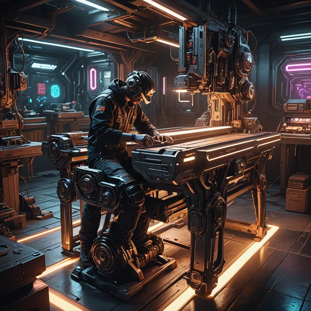 Cyberpunk Woodworking Bench in High-Tech Workshop