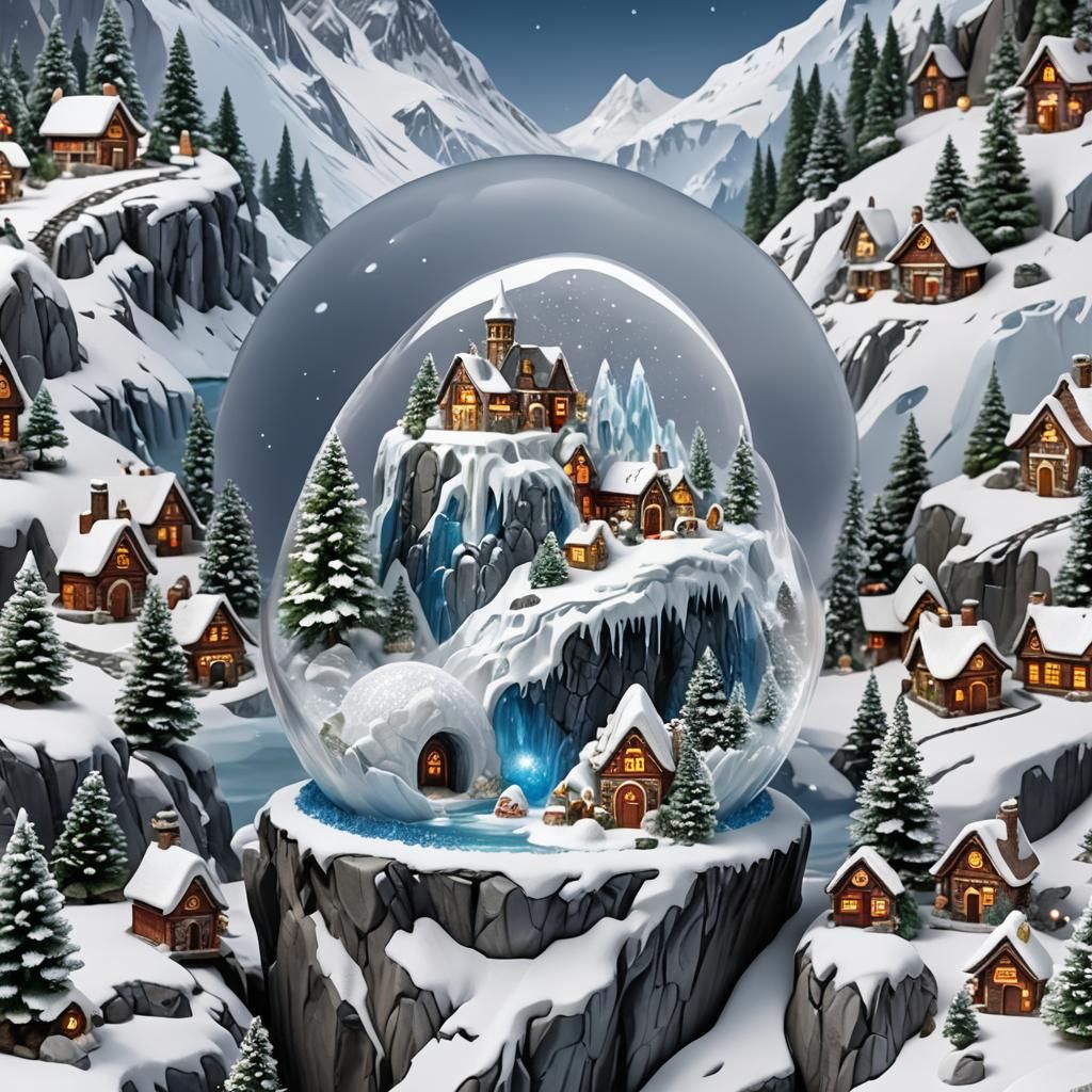 Ice Mountain Scene with Penguin and Snow Globe