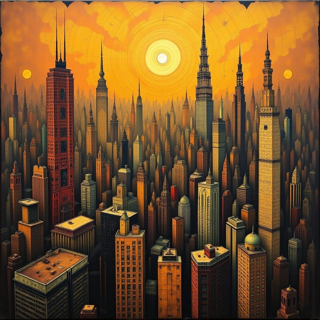 Surreal Cityscape at Sunset in Textured Impasto