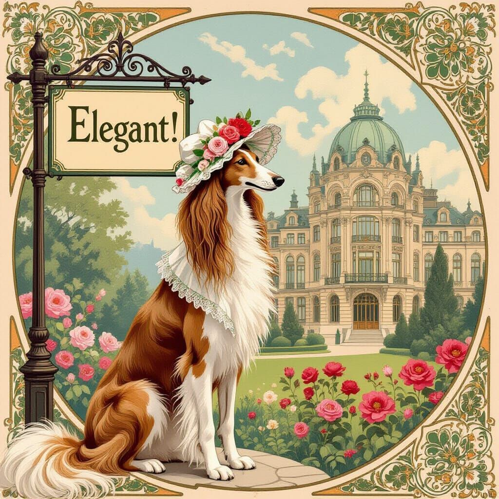Elegant Borzoi in Bonnet, Art Nouveau Style