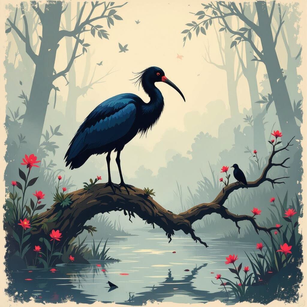 Glossy Ibis in Misty Swamp: Minimalist Vector Art