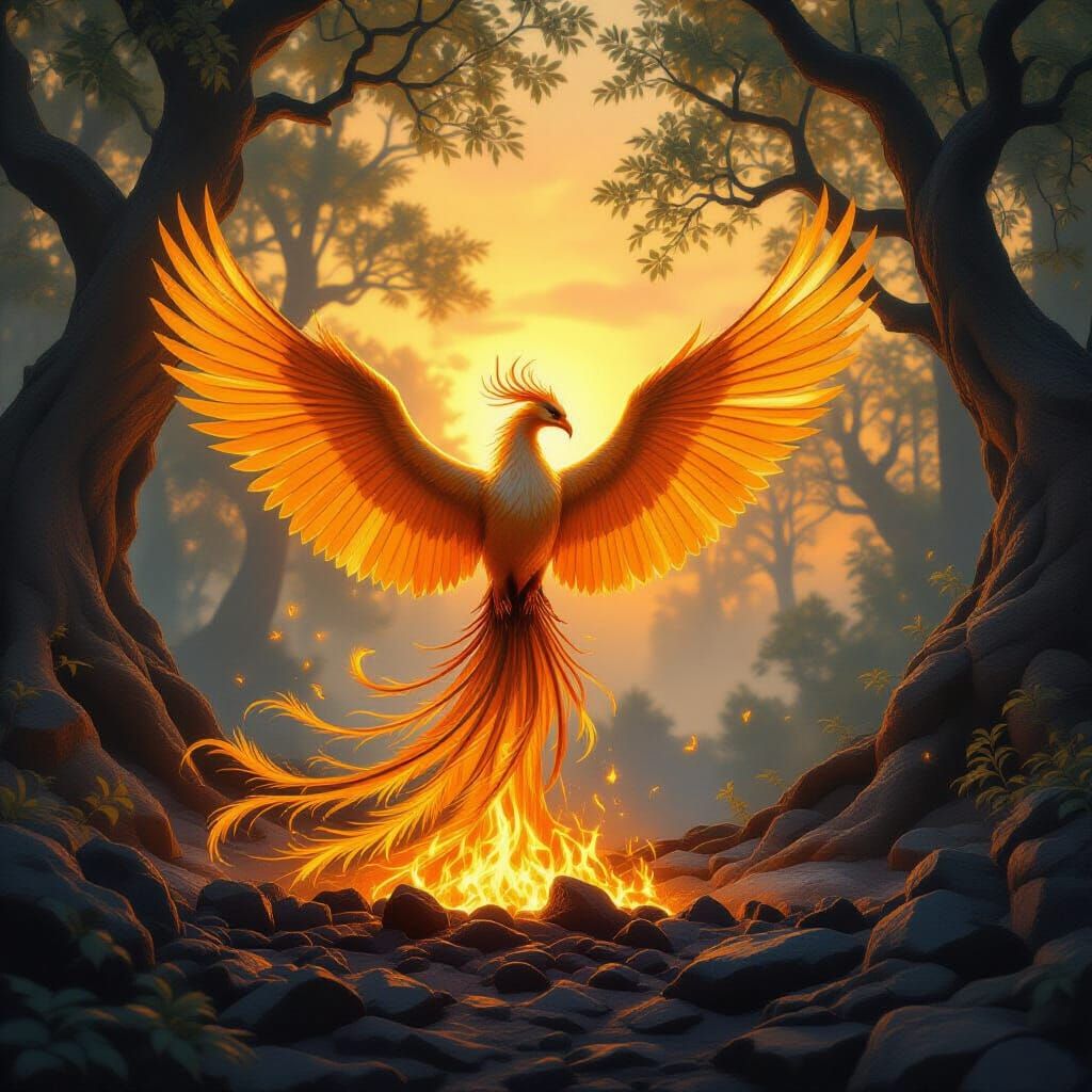 Majestic Phoenix Rising from Ashes in Mystical Forest