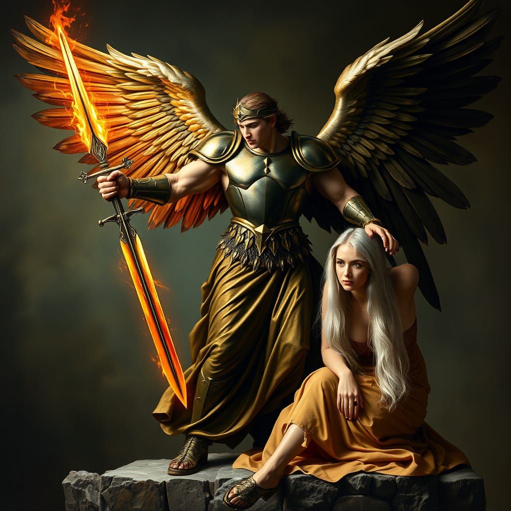 Angel Descends in Renaissance Armor with Flaming Sword