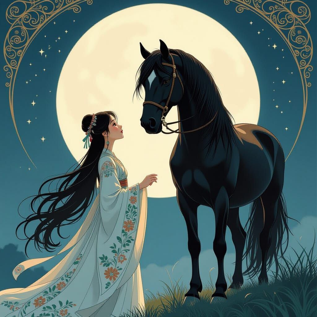 Girl and Stallion in Art Nouveau Style