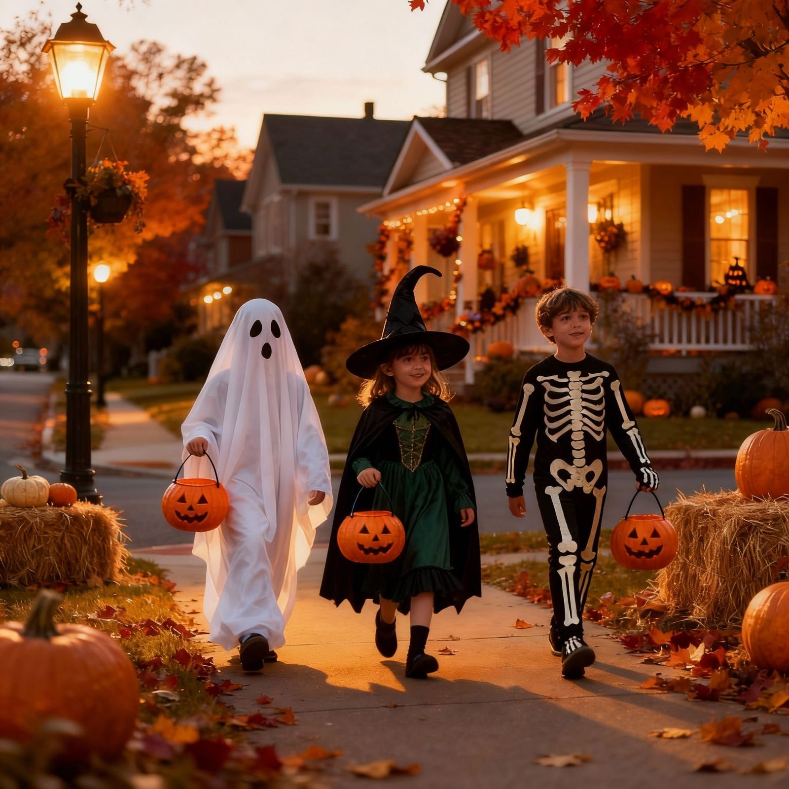 Children Trick-or-Treating with Pumpkin Baskets