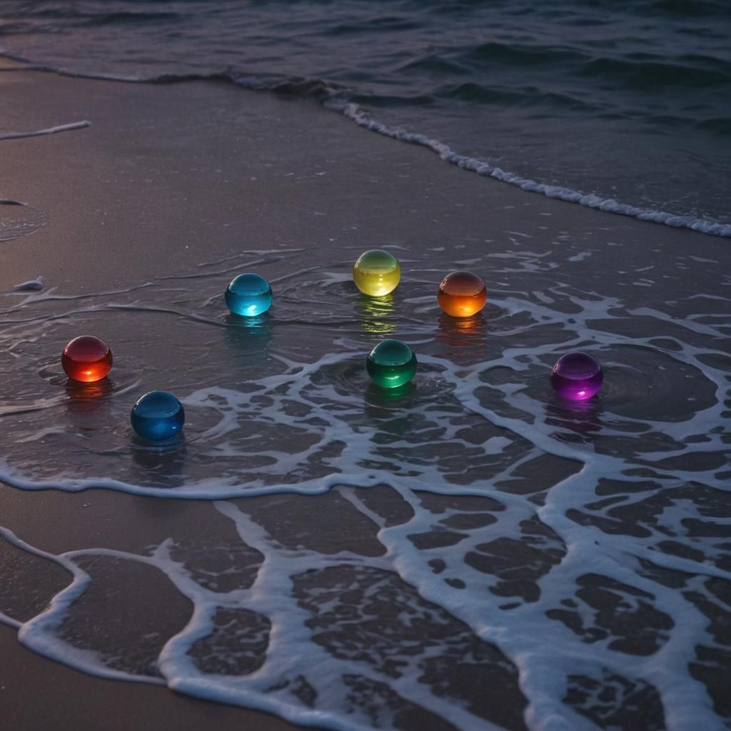 Moonlit Beach: Multicolored Glass Spheres
