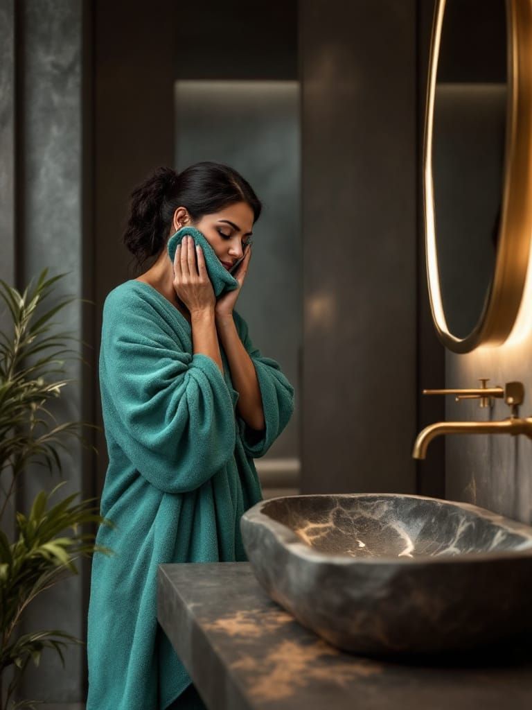 Woman in Luxurious Bathroom with Stone Sink