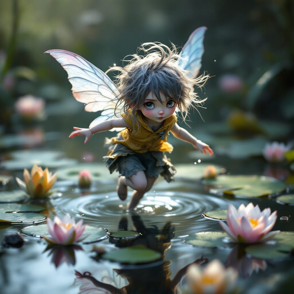 Mischievous Pixie on Lily Pads: Hyperrealistic Fantasy Art