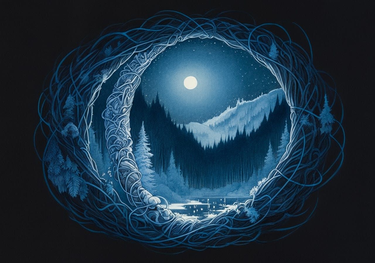 Intricate Blue Ink Drawing of Shadowy Night Scene