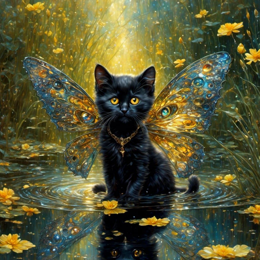 Black Cat with Fairy Wings Reflected