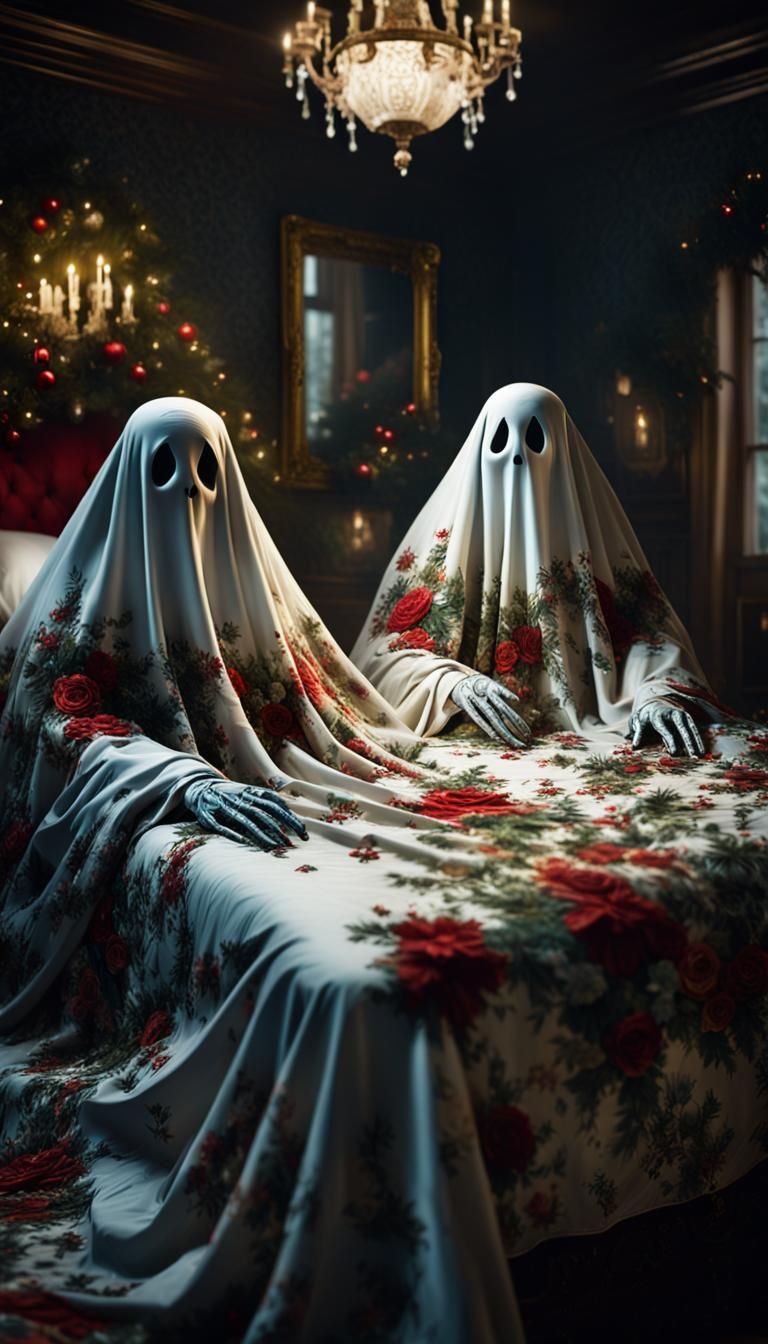 Floral Bedsheet Ghosts Celebrate Christmas: Sharp Focus
