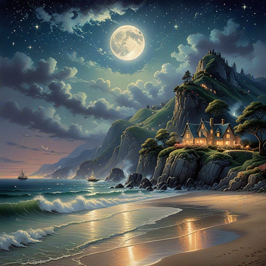Enchanting Beach at Night in Thomas Kinkade Style