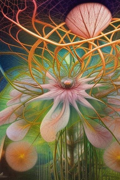 Surreal Mycelium Flower in Warped Forest Perspective