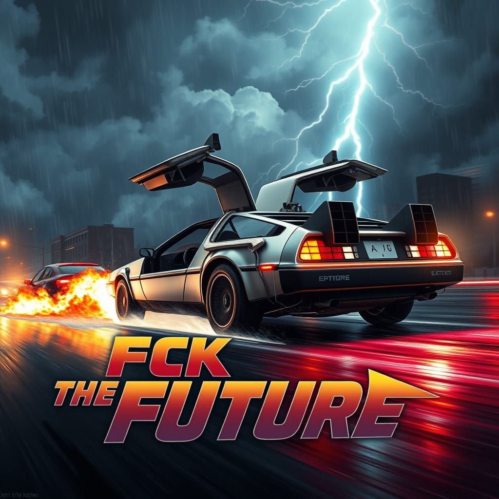 Dystopian Time Machine Blazing Through Rainy Streets in Cybe...