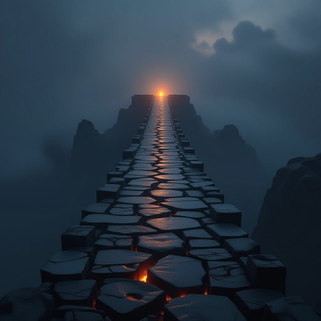 Cracked Stone Bridge Over Fiery Abyss in Dark Fantasy Style