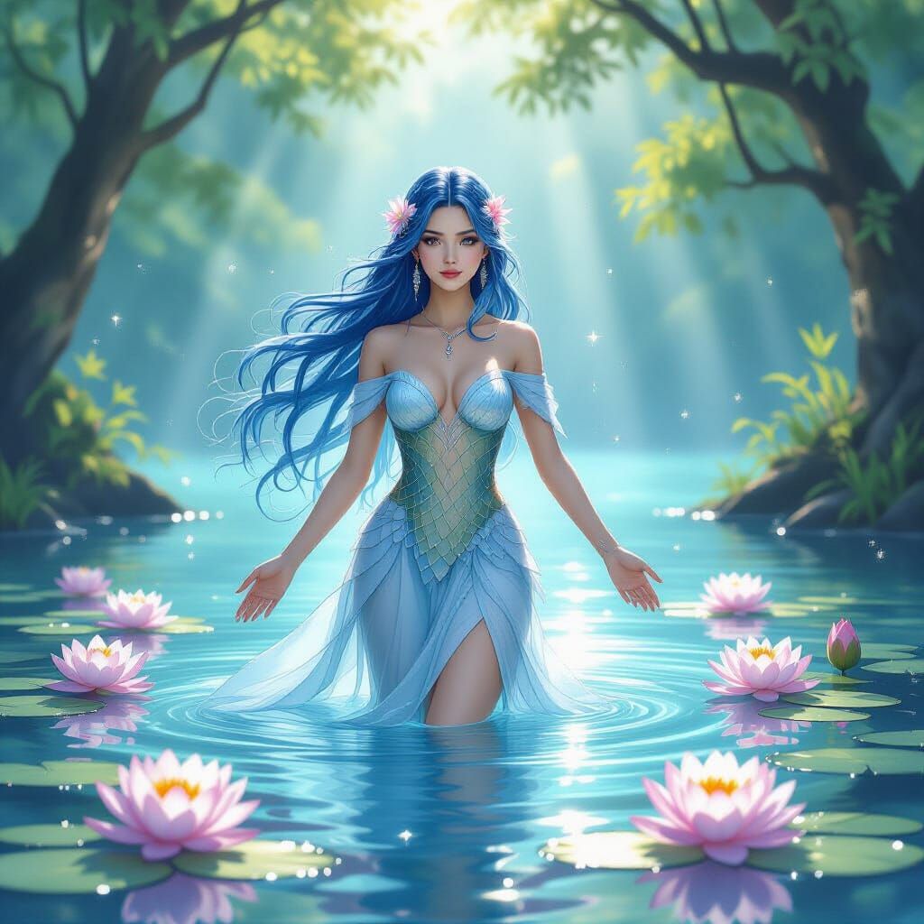 Ethereal Water Goddess Rising from Lily Pond