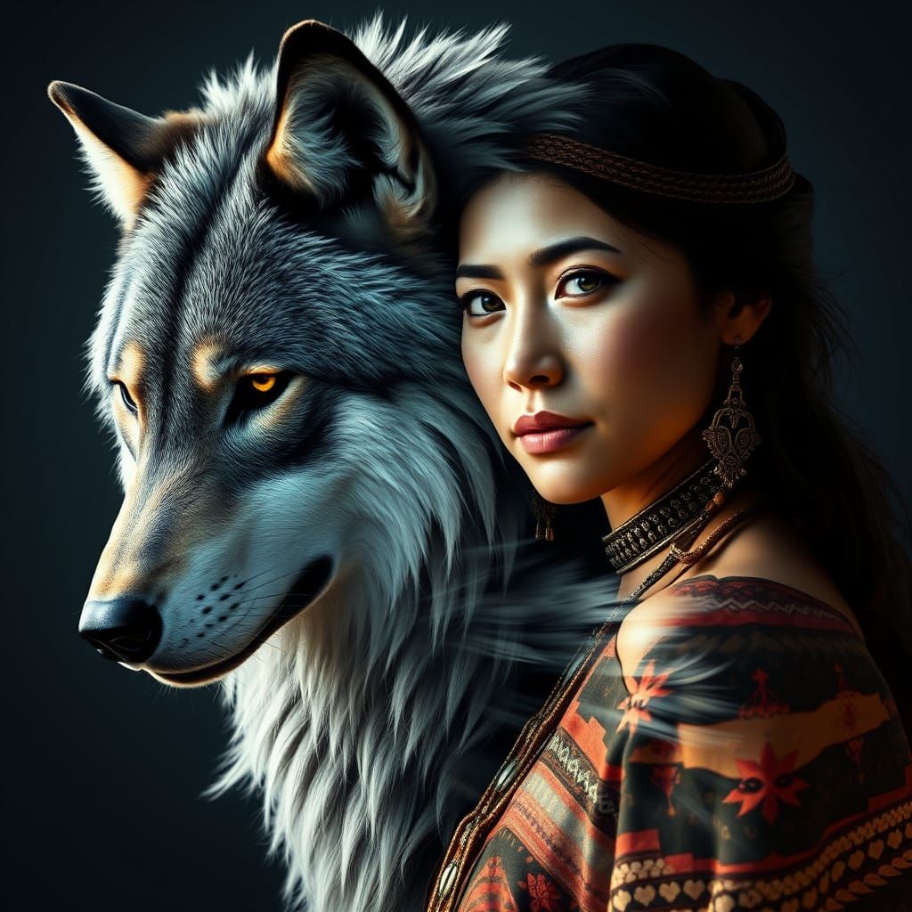 Native American Woman & Wolf Double Exposure Art