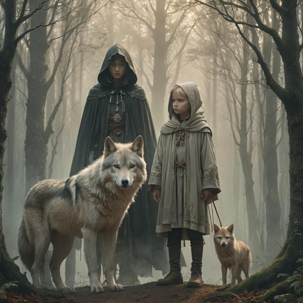 Child and Guardian Wolf in Misty Forest