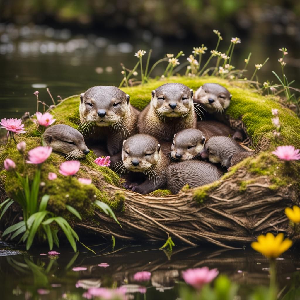 Mother Otter and Pups in Mossy River Nest