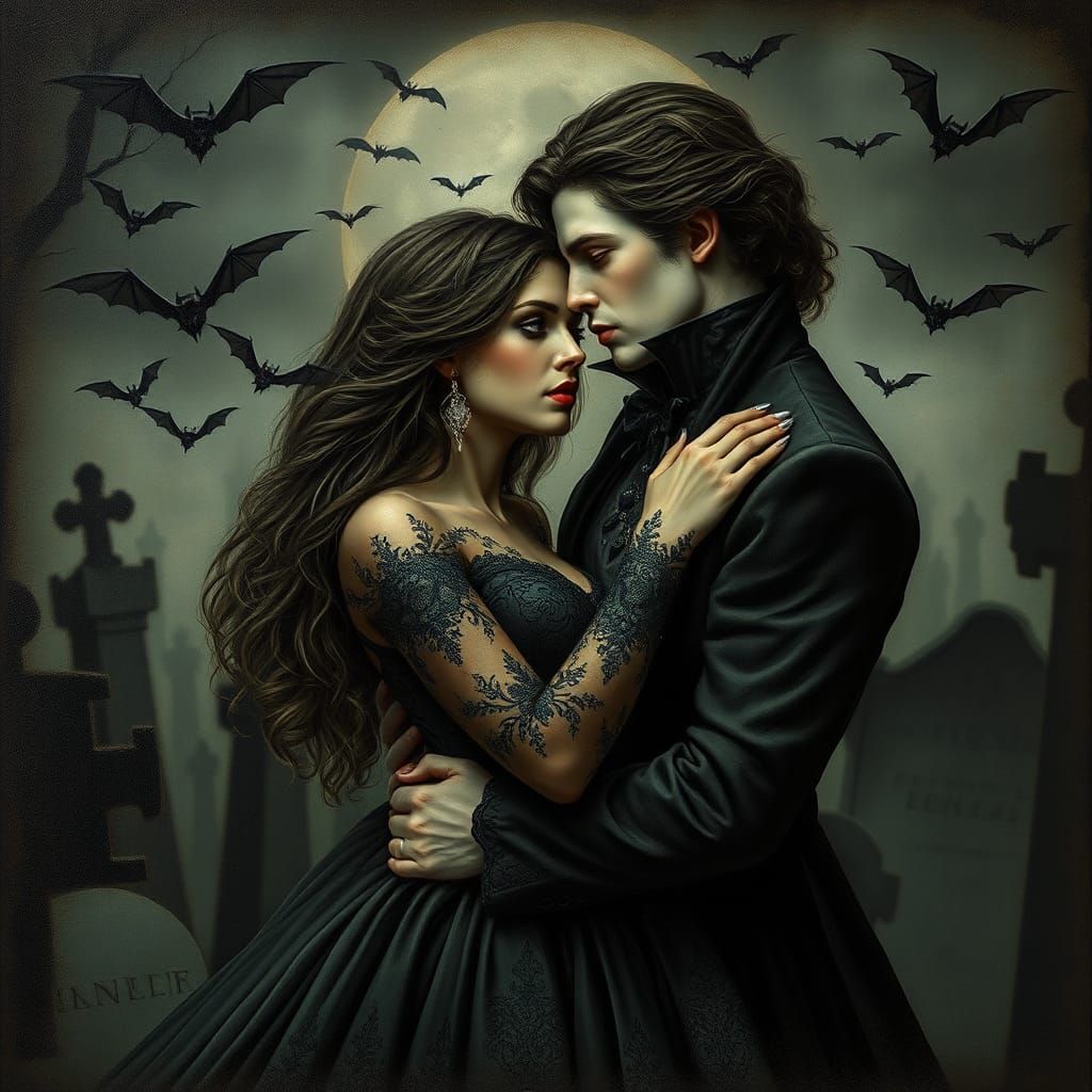 Elegant Vampire Couple Embrace in Graveyard