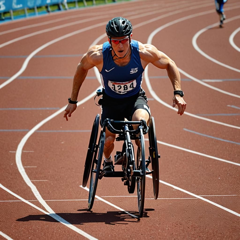 The image depicts a disabled athlete navigating the track to...