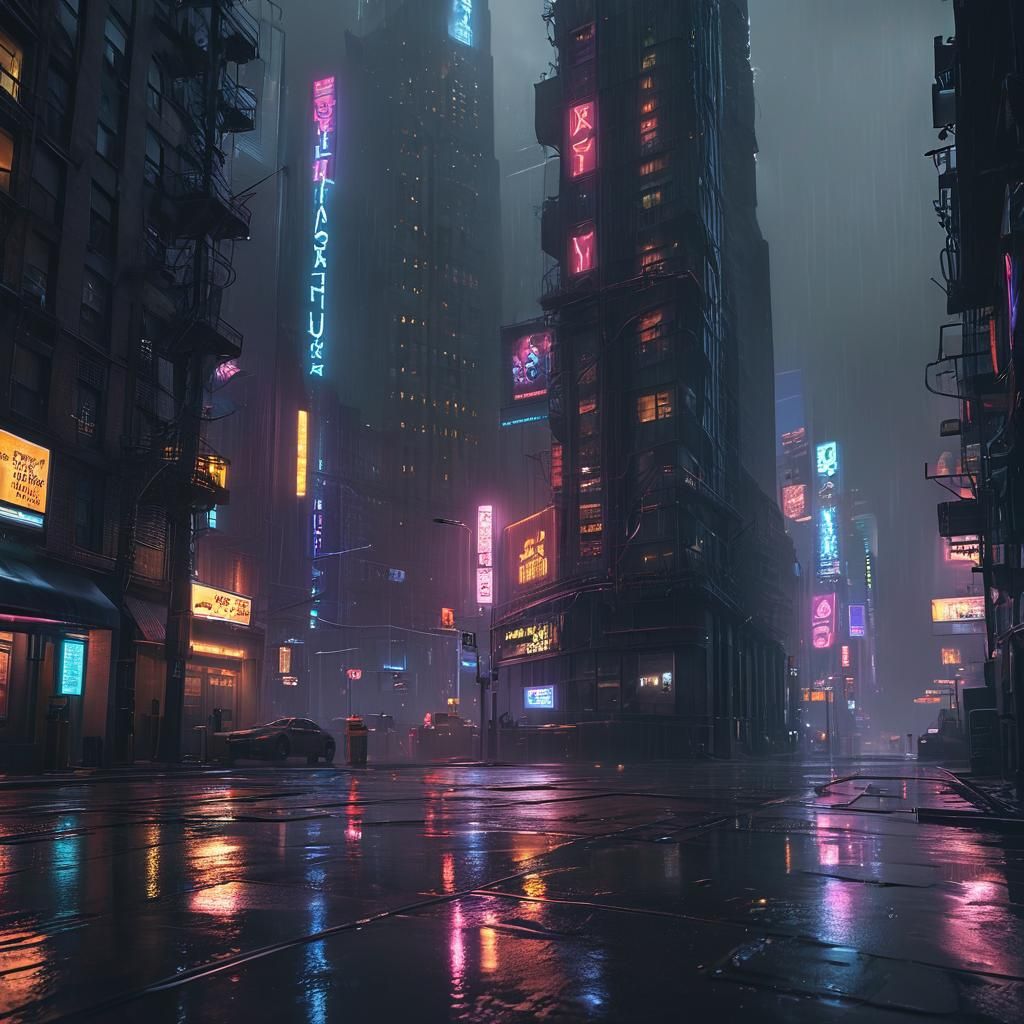 Rainy Cyberpunk New York Cityscape at Night