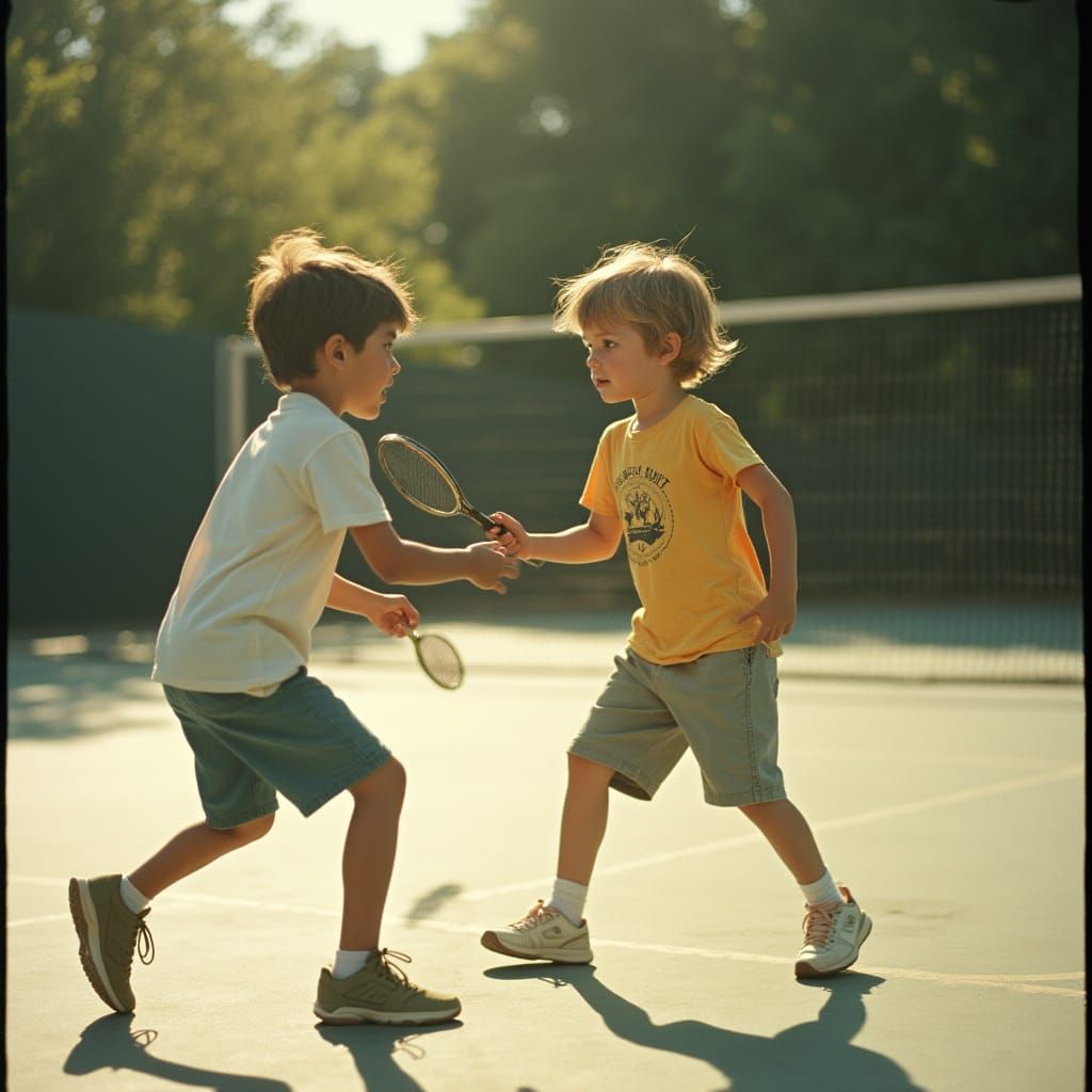 Kids Play Badminton in Sunny, Nostalgic Film Still