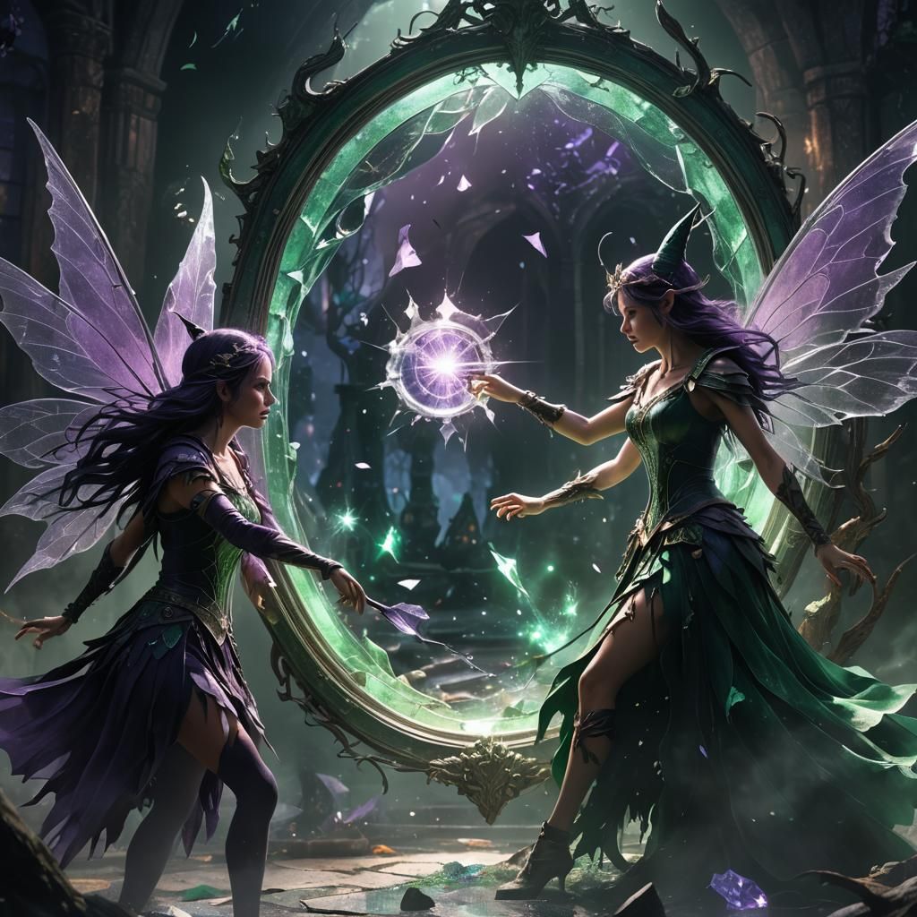 Fairy vs Witch in Mirror: Dark Fantasy Art