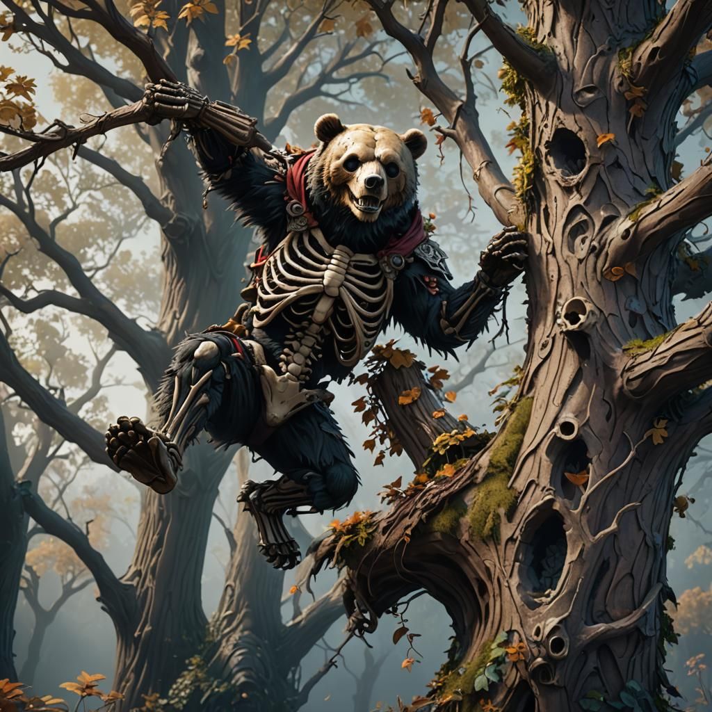 Skeleton Bear Climbing Tree: Detailed Matte Painting