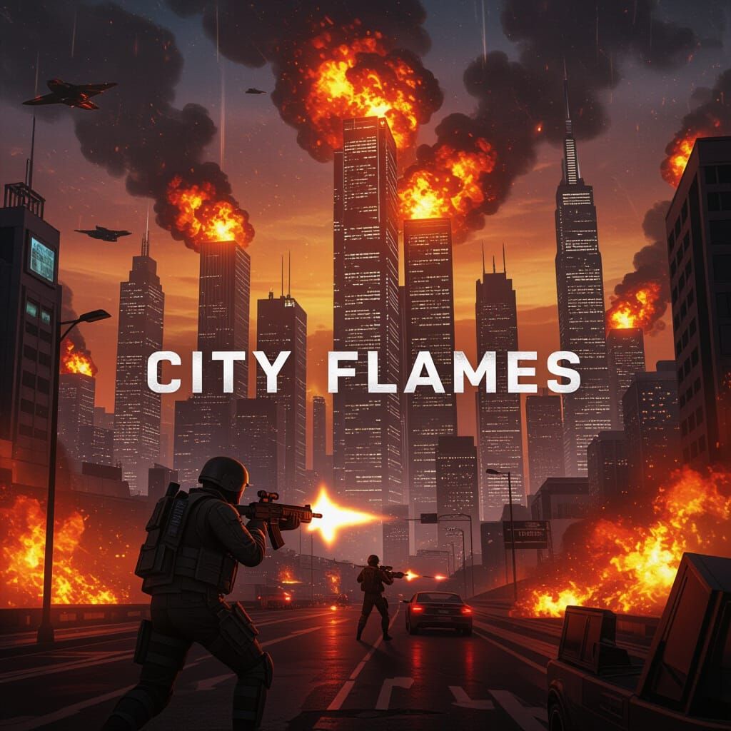 Futuristic City Ablaze: Sci-Fi Video Game Cover Art