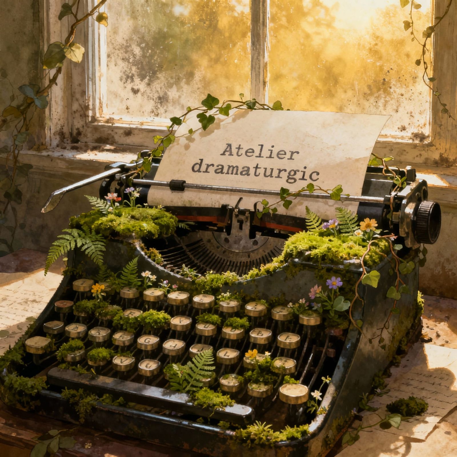 Vintage Typewriter Blooms with Moss and Flowers