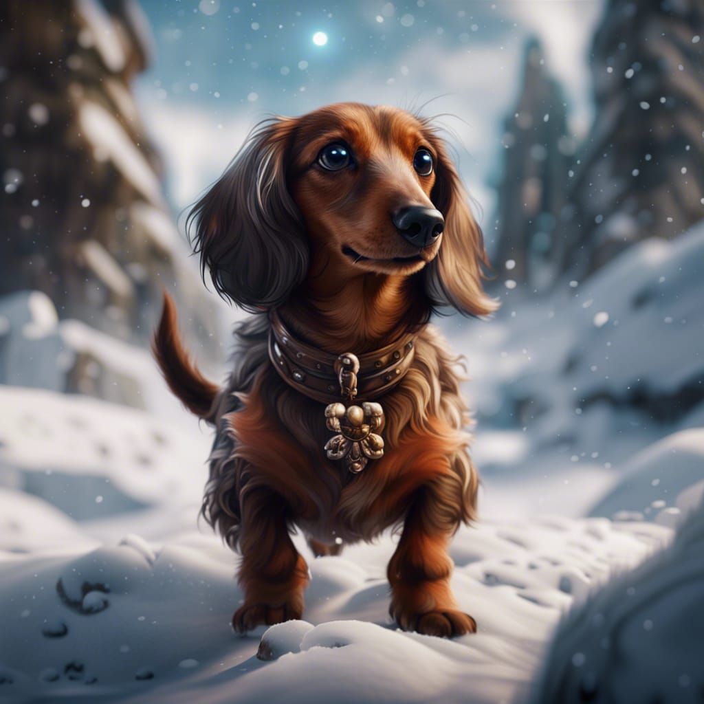 Fluffy Brown Dachshund in Snowy Fantasy Art