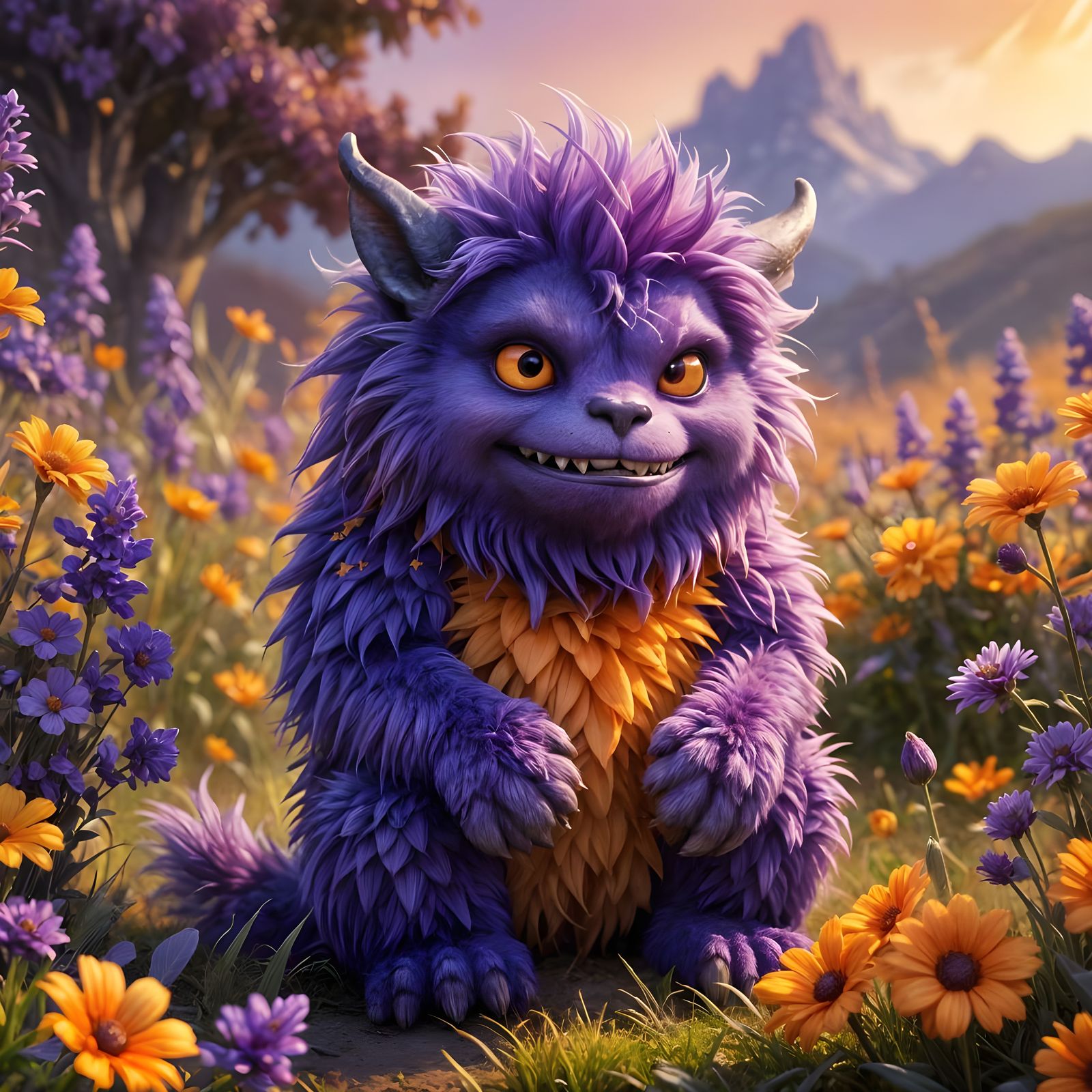 Surreal Fantasy Monster Amidst Vibrant Orange Blooms