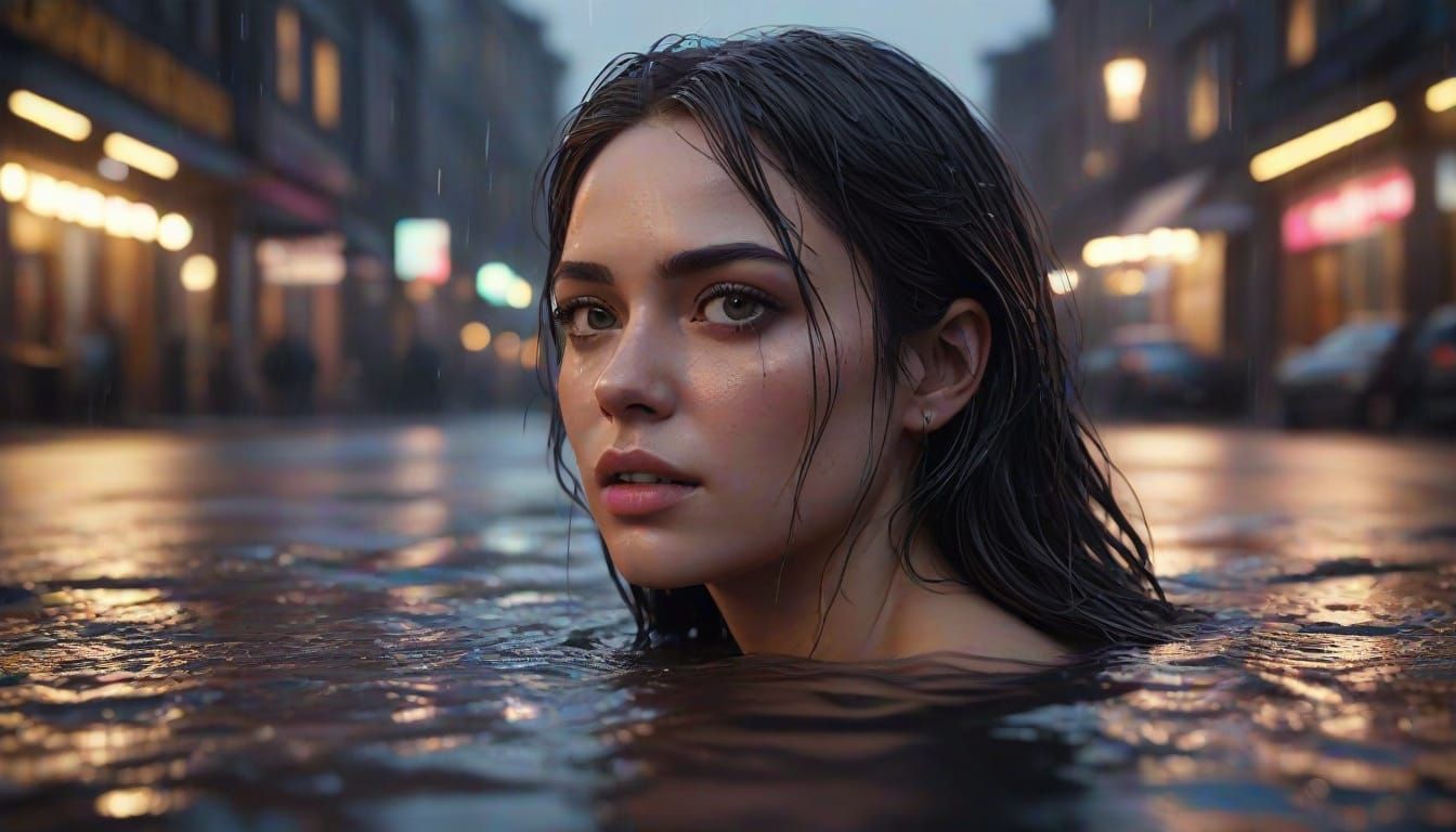 A striking cinematic portrait of a young woman, soaked to the bone in the pouring summer rain. Her long, wet blonde hair...