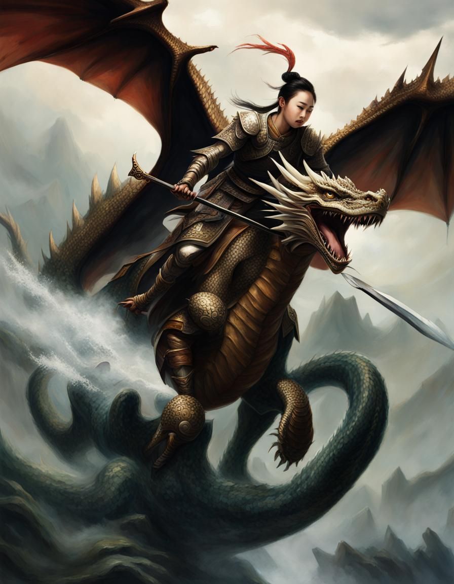 "A warrior riding a dragon"