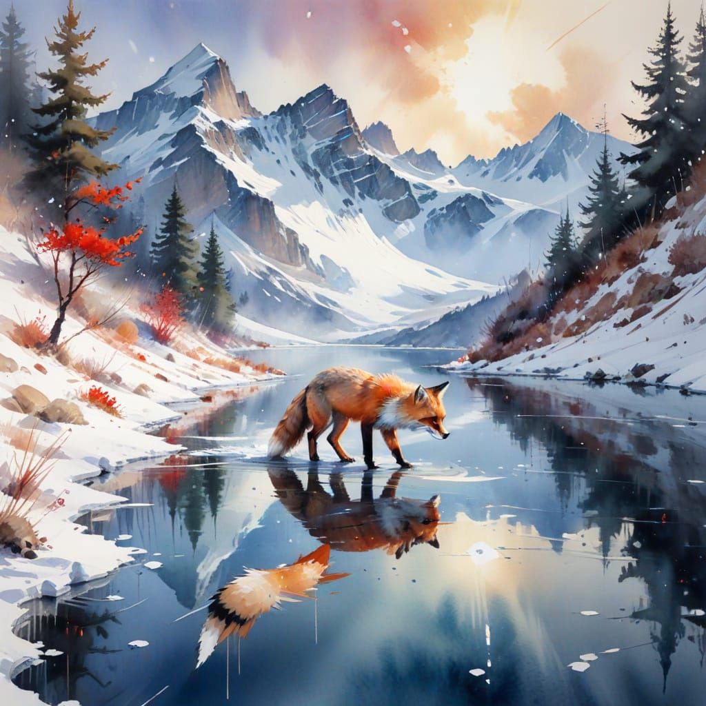 Crystalline Lake in Winter Watercolor Painting
