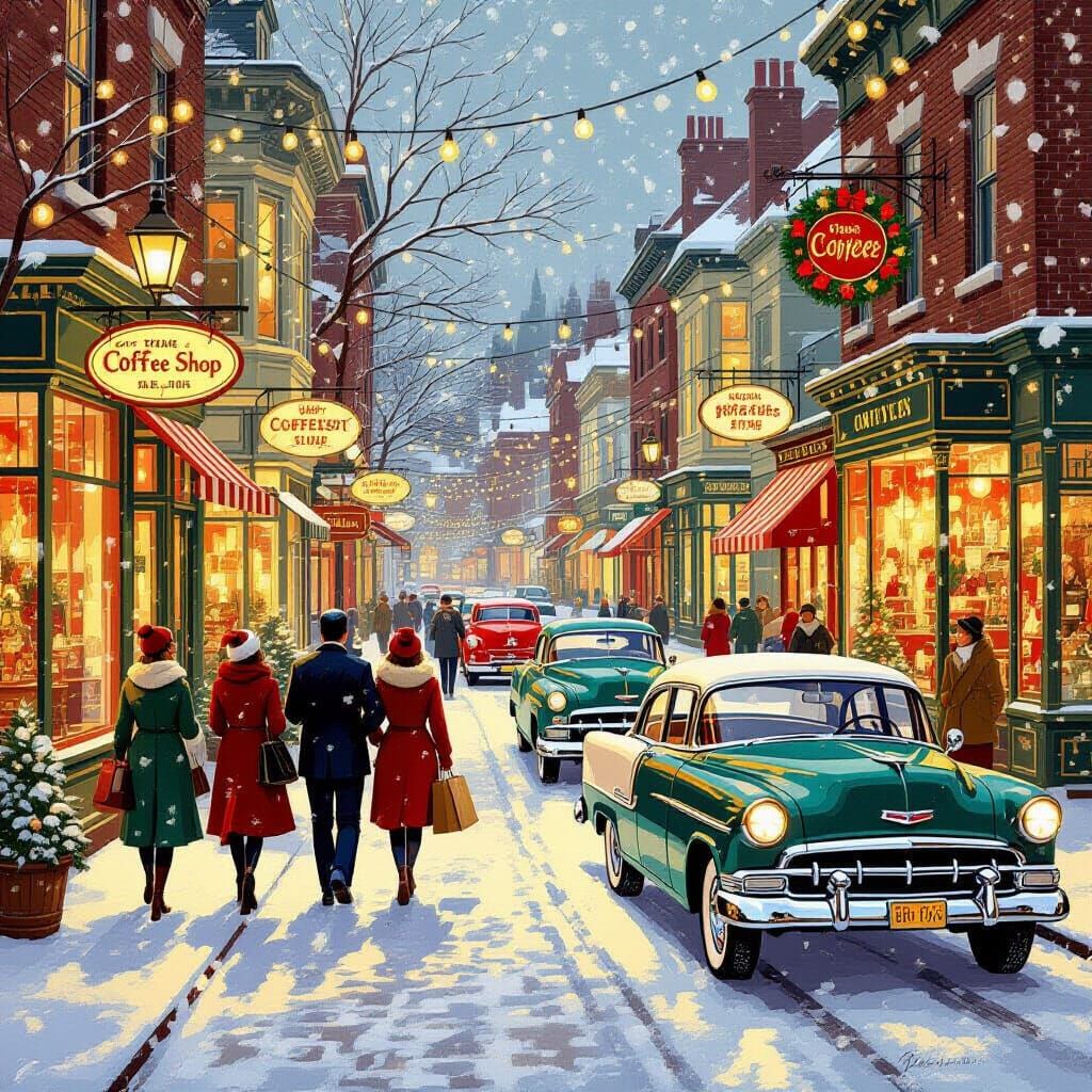 Vintage Christmas Street Scene with Nostalgic Charm