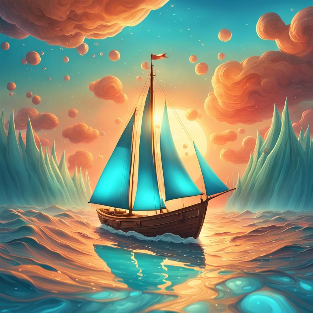 Cartoon Boat on Ocean: Whimsical Digital Art